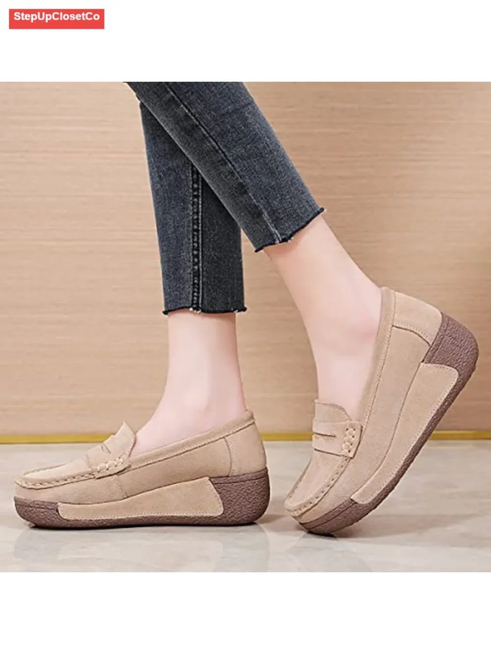 Wedge Loafers Platform Sneakers Slip-On Suede Moc Toe Casual Walking